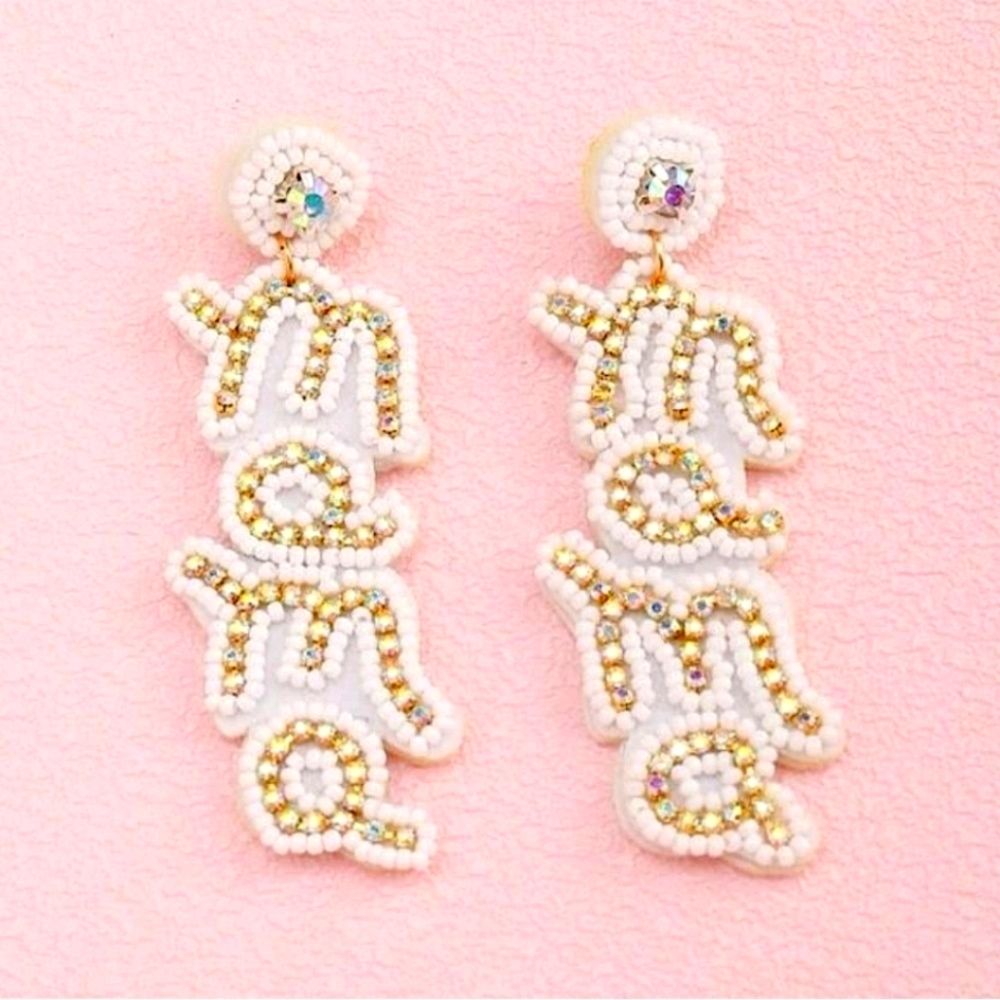 🆕️  "Mama" Beaded Rhinestone Drop Earrings, White Gold ~ Gift, Affordable